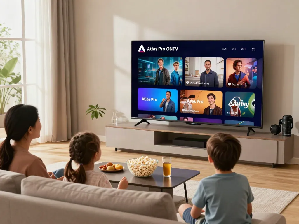 Famille profitant de l'application Atlas Pro ONTV dans un salon moderne et confortable.