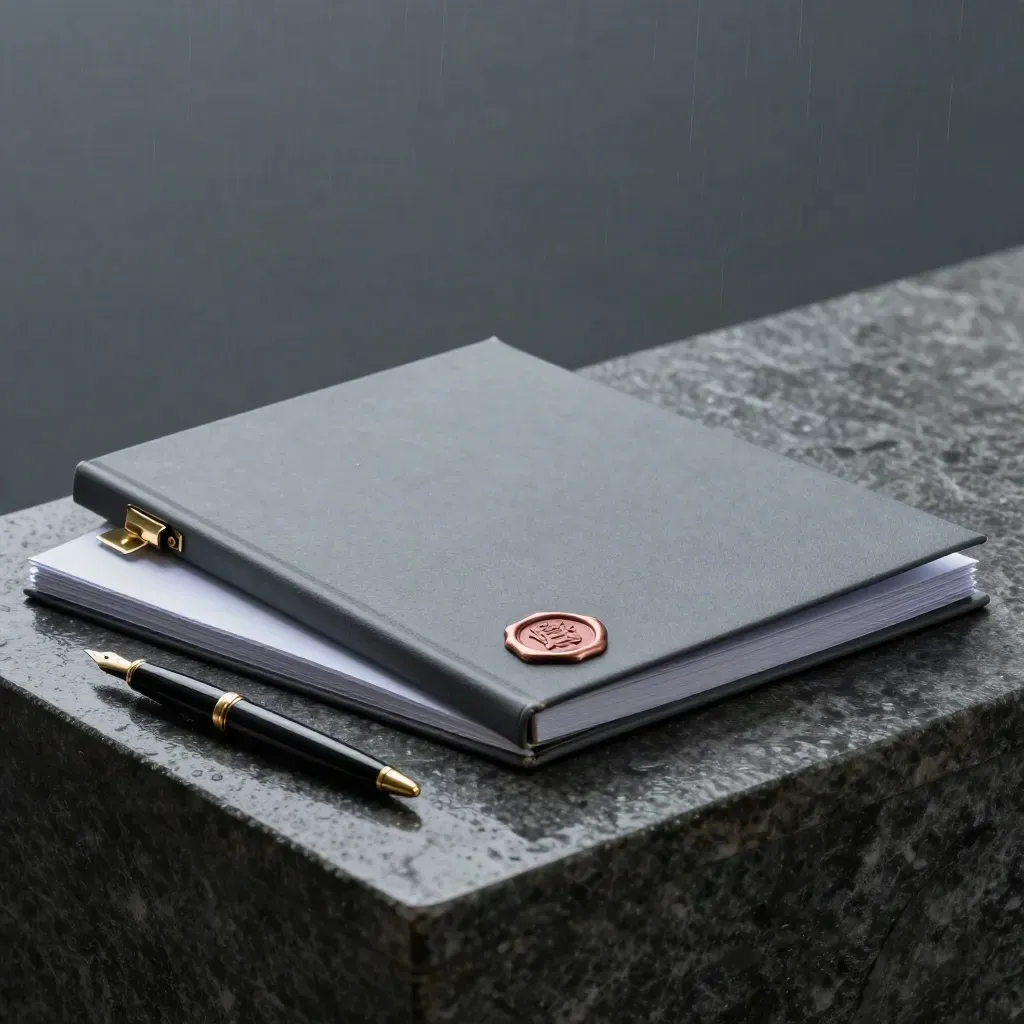 Dossier juridique, feuilles d’épreuve et accessoires cuivre sur plinthe de pierre sombre.