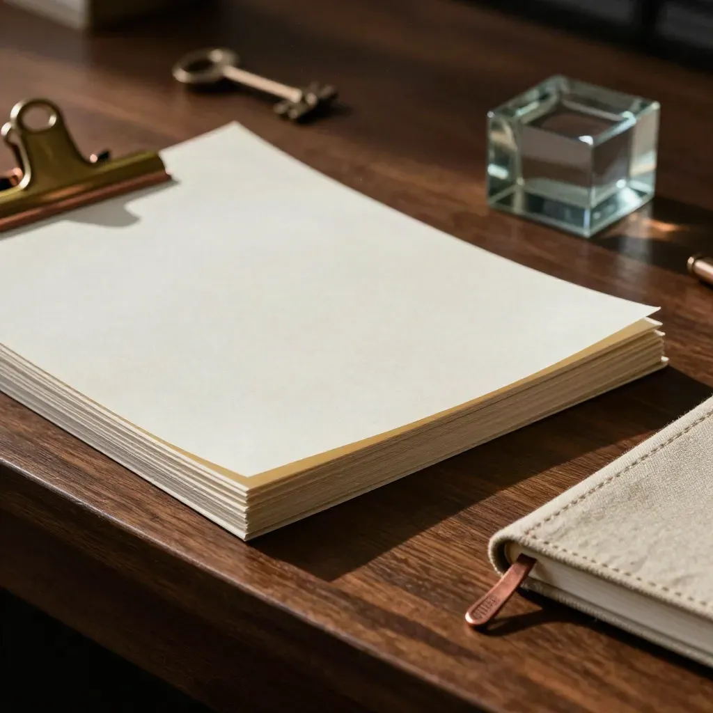 Pages corrigées, clip cuivré, poids-papier et carnet sur bois sombre, lumière dramatique.