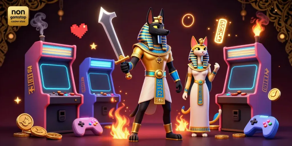 Engage with non gamstop casino sites in this 3D render featuring Anubis and Bastet amidst vibrant gaming elements.